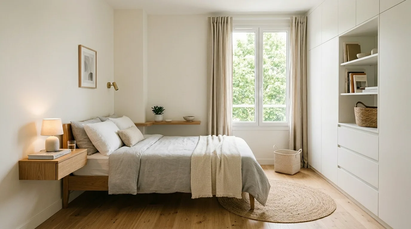 Let curtains draw the eye upward inspiration for a small bedroom.
